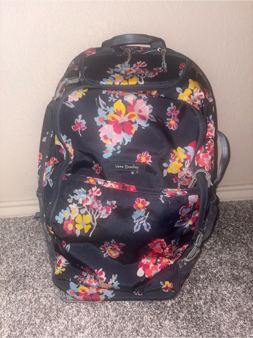 Vera Bradley Black Floral Quilted Backpack with Multicolor Blooms